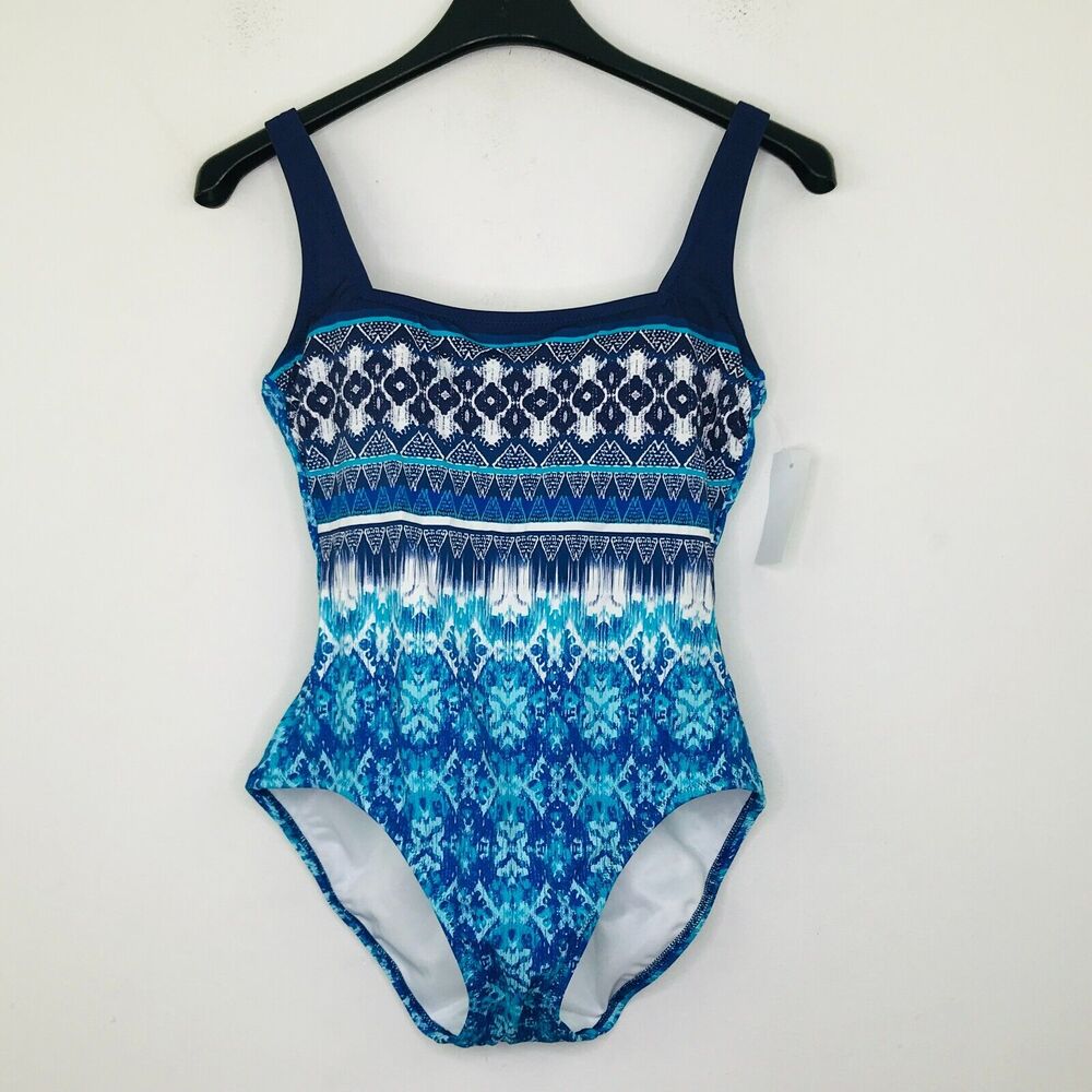 Lands End Women's 2 Swimsuit Blue Geometric Ikat Square Neck One Piece NWT CD18